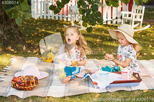 Image of Two little girls sitting on green grass