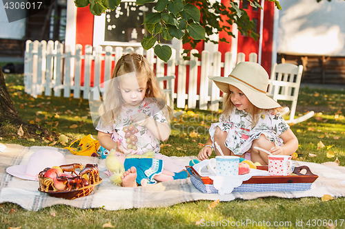 Image of Two little girls sitting on green grass