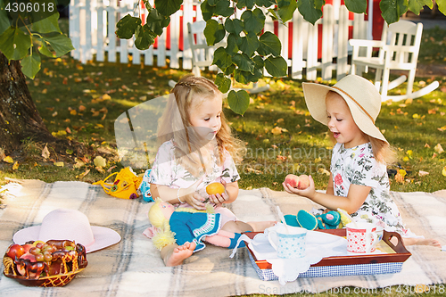 Image of Two little girls sitting on green grass