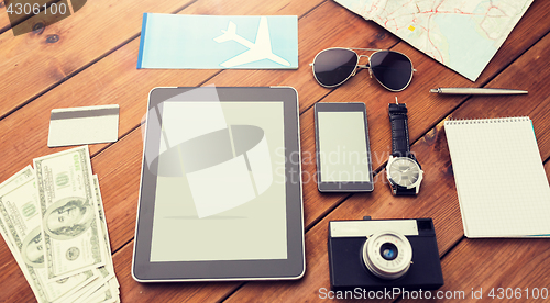 Image of close up of smartphone and travel stuff