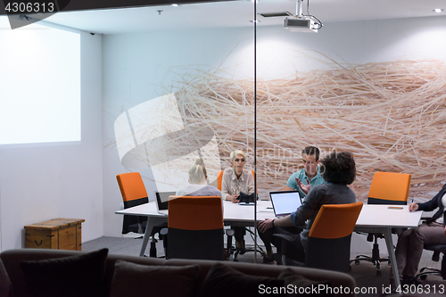 Image of Startup Business Team At A Meeting at modern night office buildi