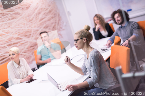 Image of Startup Business Team At A Meeting at modern night office buildi