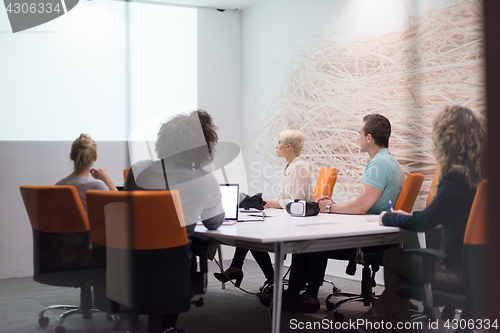Image of Startup Business Team At A Meeting at modern night office buildi