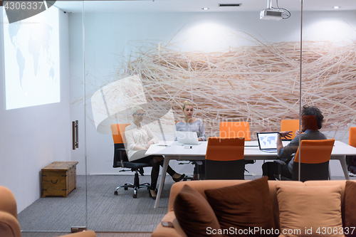 Image of Startup Business Team At A Meeting at modern night office buildi