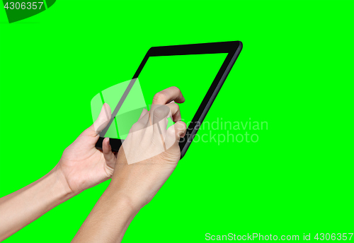 Image of Business woman using a tablet computer on green screen