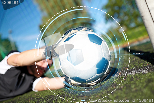 Image of goalkeeper with ball at football goal on field