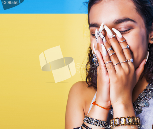Image of lifestyle people concept. young pretty smiling indian girl with long nails wearing lot of jewelry rings, asian summer happy cool close up copyspace