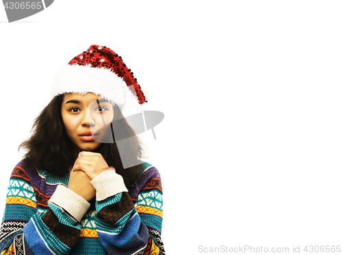 Image of cute young girl in santas red hat isolated