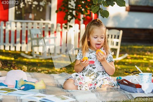Image of The little girl sitting on green grass