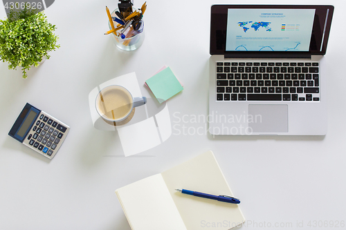 Image of laptop, phone and other office stuff on table