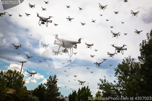 Image of Dozens of Drones Swarm in the Cloudy Sky.