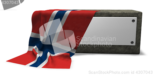 Image of stone socket with blank sign and flag of norway - 3d rendering
