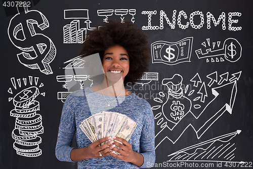 Image of black woman holding money on gray background