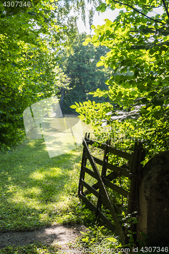 Image of Green landscape with an old wooden gate