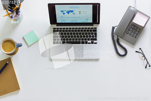 Image of laptop, phone and other office stuff on table