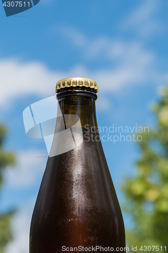 Image of Cool beer bottle by a blue sky