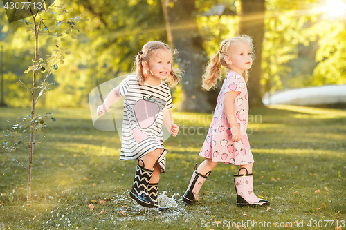 Image of Cute little blond girls in hats sitting on the field with soft toys in summer.