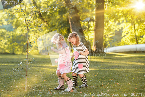 Image of The cute little blond girls in rubber boots playing with water splashes on the field in summer