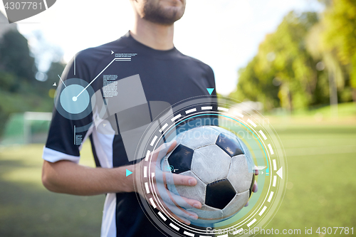 Image of close up of soccer player with football on field