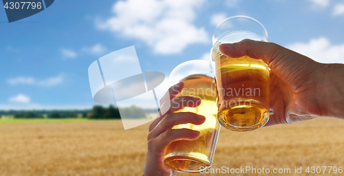 Image of male hands clinking beer glasses over cereal field