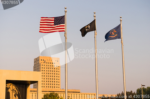 Image of Flags Fliy North Dakota Capital Building Bismarck