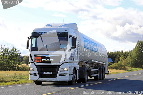 Image of White MAN Gas Semi Tanker on the Road