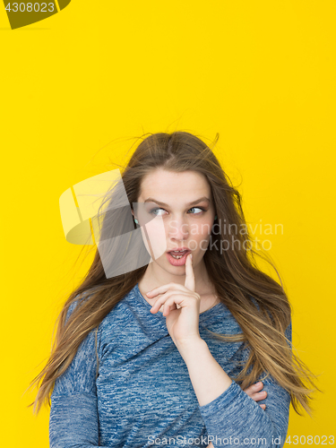 Image of pretty woman playing with her long silky hair