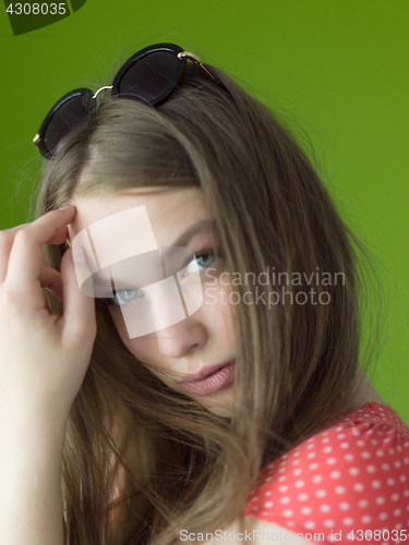 Image of woman over green background