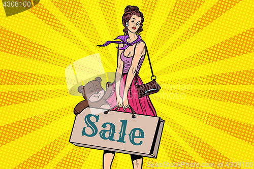 Image of Beautiful girl with soft toy bear, discounts and sale