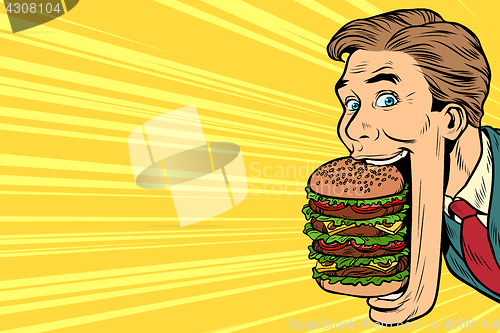 Image of hungry man with a giant Burger, street food