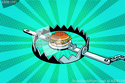 Image of Iron trap with the Burger. concept of hunger and diet