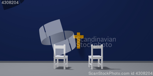 Image of two chairs and christian cross - 3d rendering