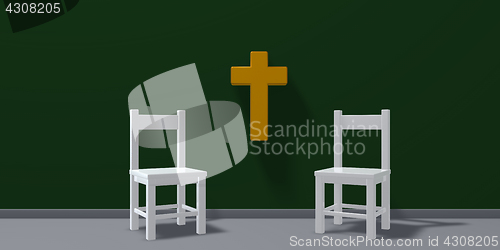 Image of two chairs and christian cross - 3d rendering