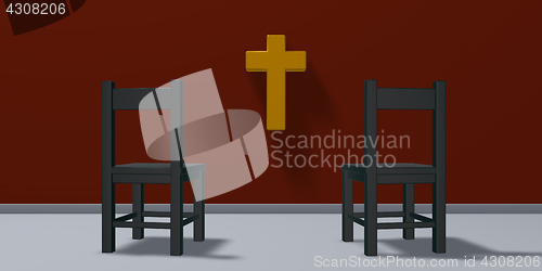 Image of two chairs and christian cross - 3d rendering