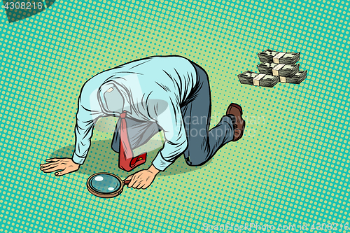 Image of Headless man looking through a magnifying glass money