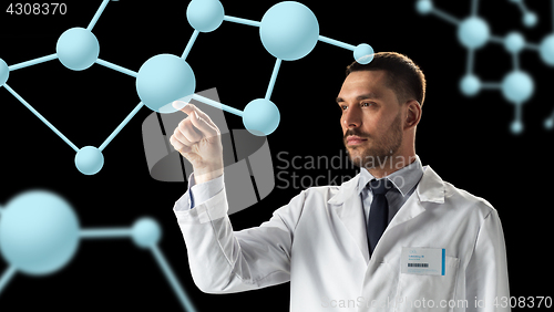 Image of doctor or scientist in white coat with molecules