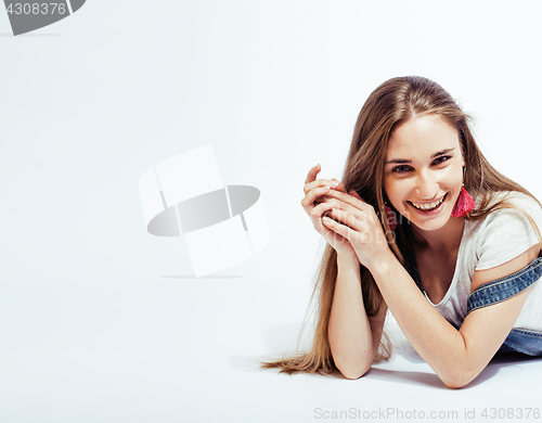 Image of young pretty stylish brunette hipster girl posing emotional isolated on white background happy smiling cool smile, lifestyle people concept 