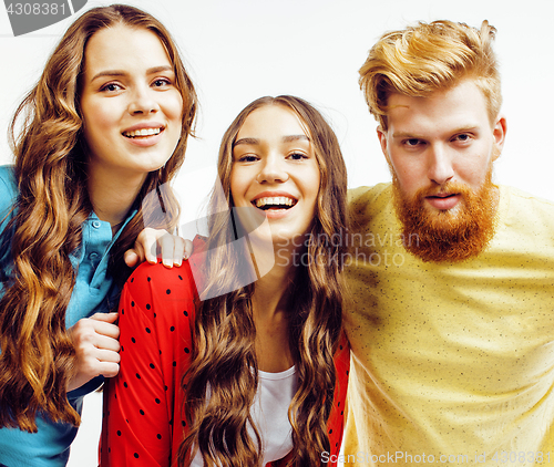 Image of company of hipster guys, bearded red hair boy and girls students having fun together friends, diverse fashion style, lifestyle people concept isolated on white background