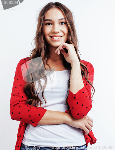 Image of young pretty teenage hipster girl posing emotional happy smiling on white background, lifestyle people concept 