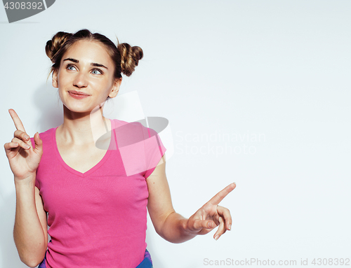 Image of young pretty stylish brunette hipster girl posing emotional isolated on white background happy smiling cool smile, lifestyle people concept 