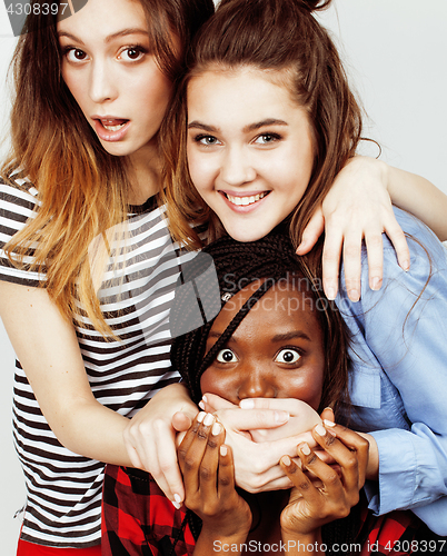 Image of diverse nation girls group, teenage friends company cheerful having fun, happy smiling, cute posing isolated on white background, lifestyle people concept