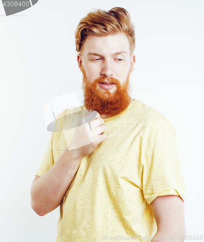 Image of portrait of young bearded hipster guy smiling on white background close up isolated, lifestyle real modern people concept