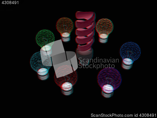 Image of energy-saving lamps. 3D illustration. Anaglyph. View with red/cy