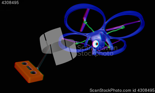 Image of Drone with remote controller. Anaglyph. View with red/cyan glass