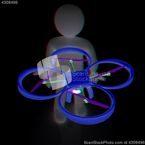 Image of 3d man with drone, quadrocopter, with photo camera. 3d render. 3