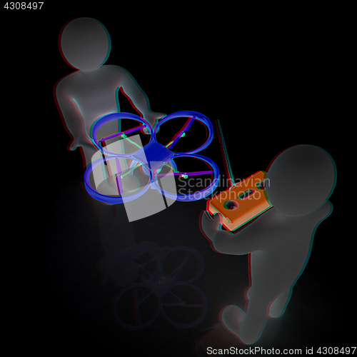 Image of 3d man with drone, quadrocopter, with photo camera. 3d render. 3