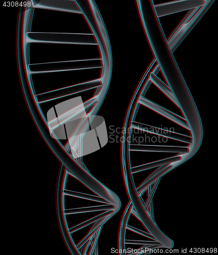 Image of DNA structure model. 3d illustration. Anaglyph. View with red/cy