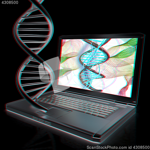 Image of Laptop with dna medical model background on laptop screen. 3d il