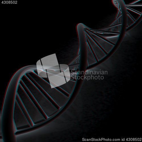 Image of DNA structure model. 3d illustration. Anaglyph. View with red/cy