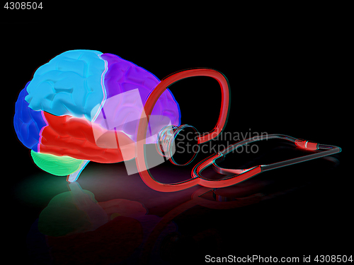 Image of stethoscope and brain. 3d illustration. Anaglyph. View with red/